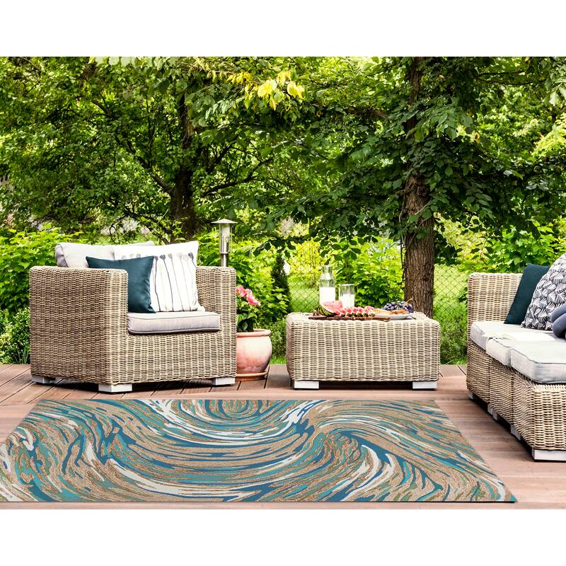 Liora Manne Capri Big Wave Indoor/Outdoor Area Rug - 5' x 7'6" - Aqua