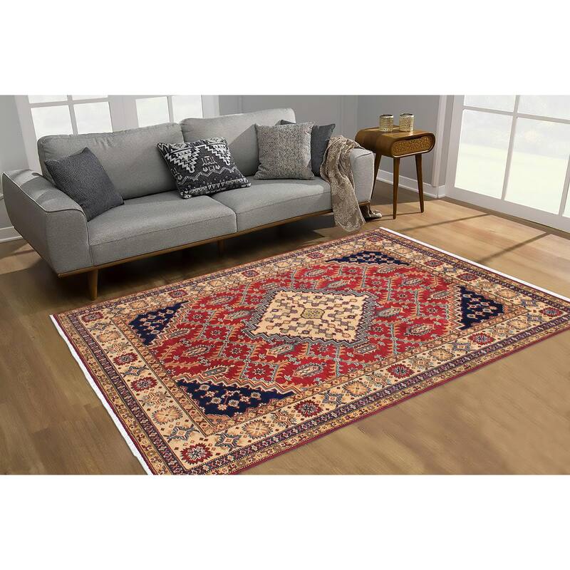 Southwestern Kazak Fatima Red/Beige Wool Rug - 5'8'' x 7'10''