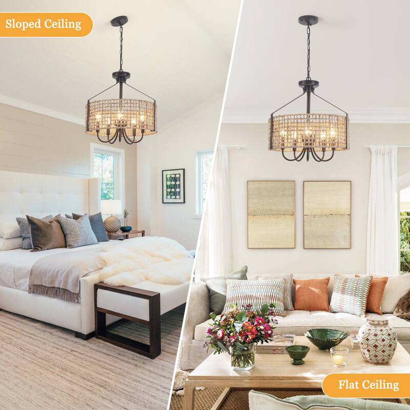 18.35inch 5 Lights Adjustable Height Bohemian Chandelier with Hand Woven Rattan Shade Suitable for Multiple Rooms