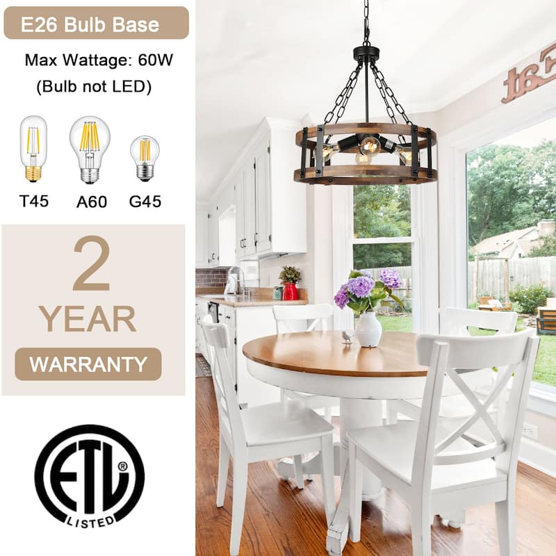 Farmhouse 4-Light Wood Drum Chandeliers Rustic Cage Pendant Light for Kitchen Island - 19" D x 18" H