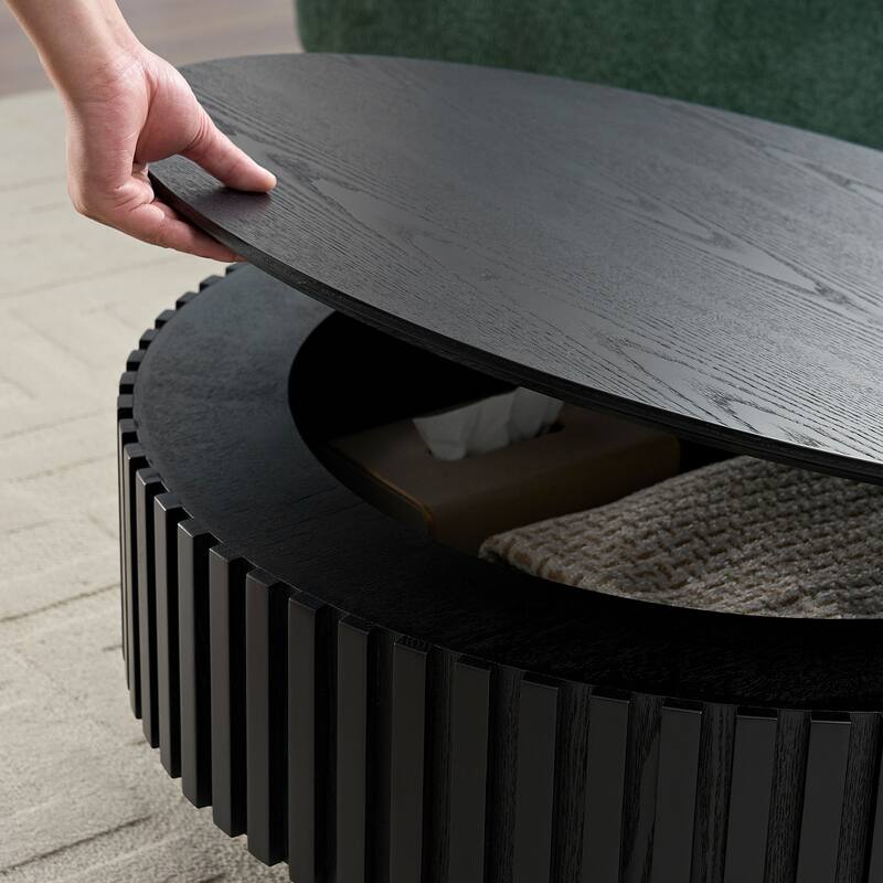 31.5" Round Wood Coffee Table with Storage, Modern Handcraft Drum Coffee Table, Stylish Circle Wooden Center Table