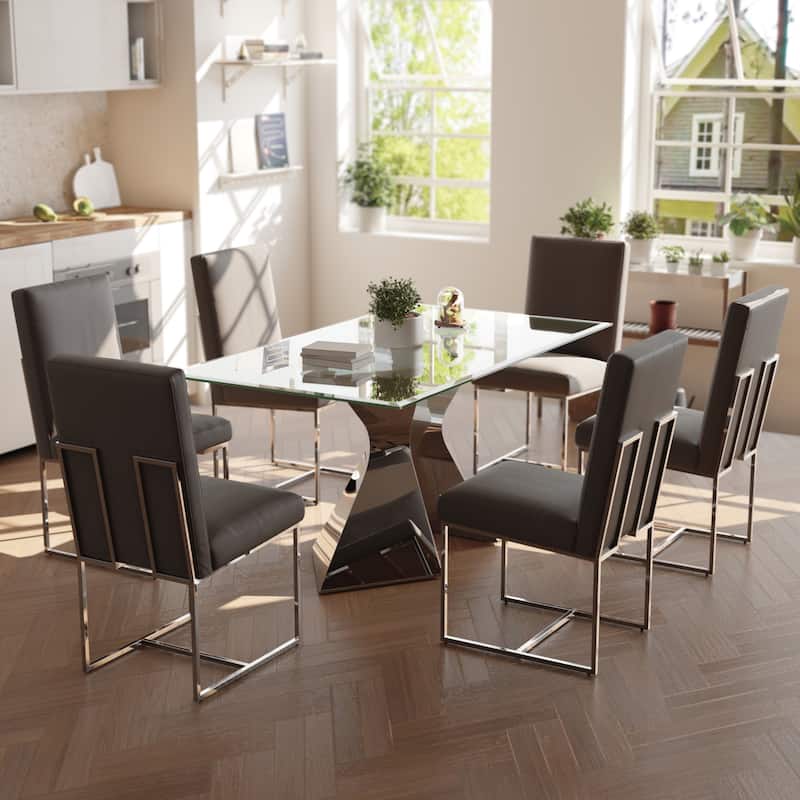 Luxury Gold Dining Table Set with 63 inch Glass Dining Table and White Leather Dining Chairs
