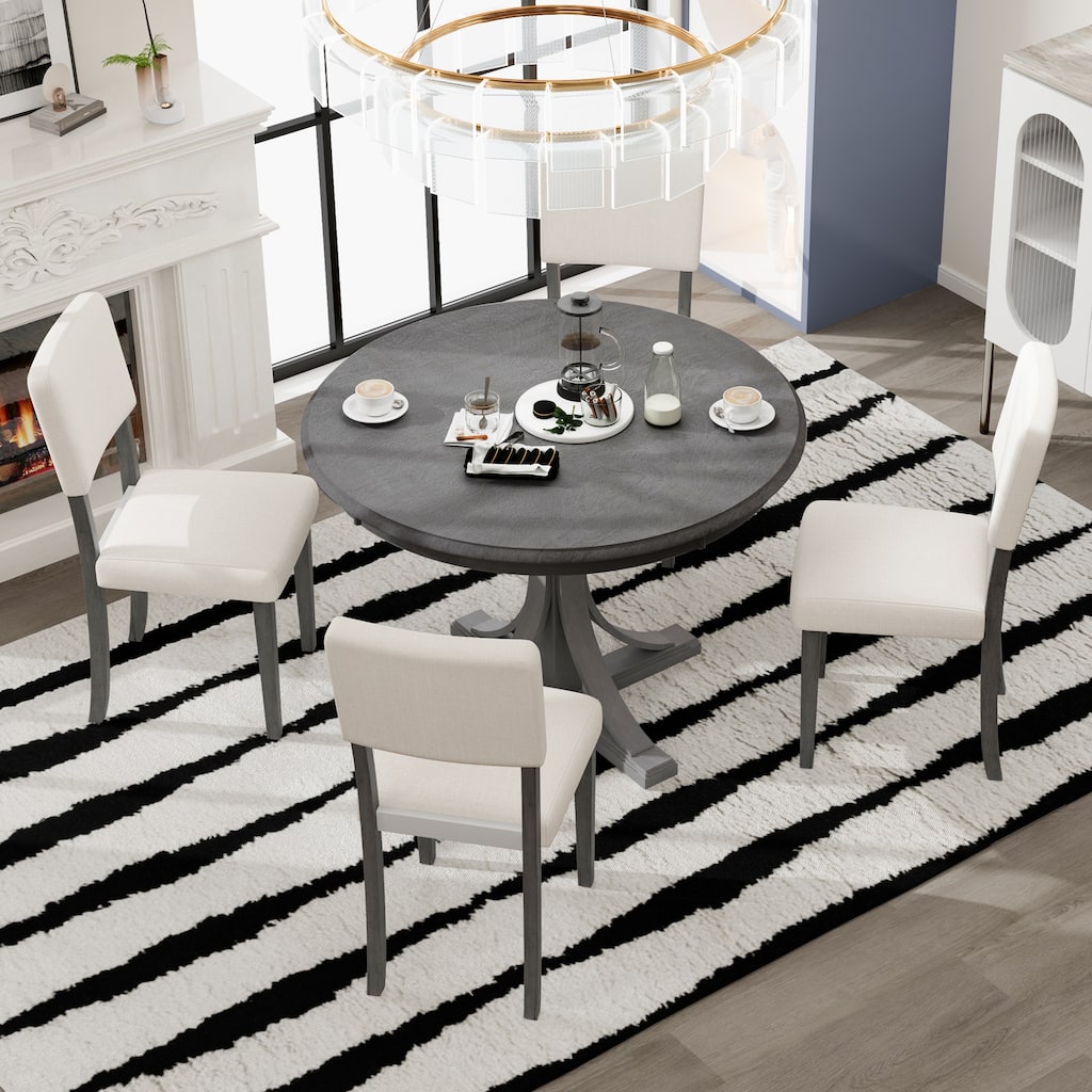 Dark Gray Round Dining Table with Curved Trestle Legs, 5-Piece Dining Table and Chairs Set, Four Upholstered Chairs