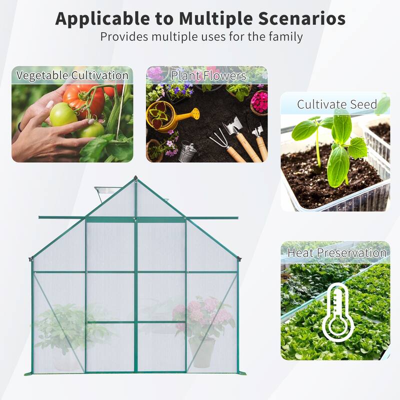 8X6FT-Green Double Door Polycarbonate Greenhouse Raised Base and Anchor Aluminum Heavy Duty Walk-in Greenhouses