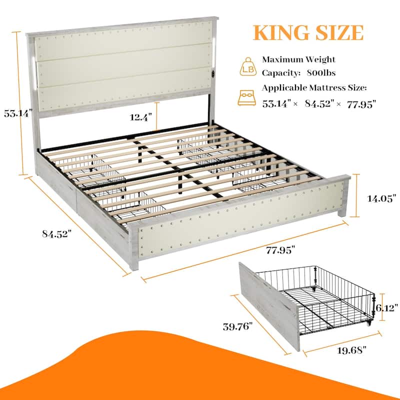King/Queen Bed with Faux Leather Headboard, 4 Storage Drawers, LED Lights & Charging Station, Wood Slats, No Box Spring