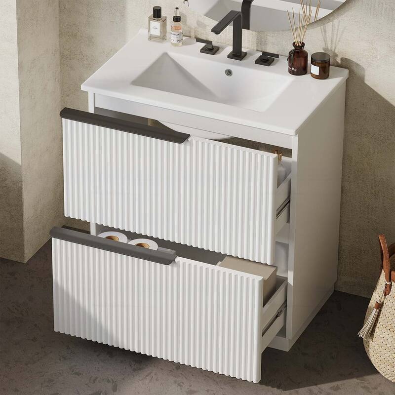 30 Inch Freestanding Bathroom Vanity with Ceramic Sink,Full-Extension Drawers,and Fluted Design