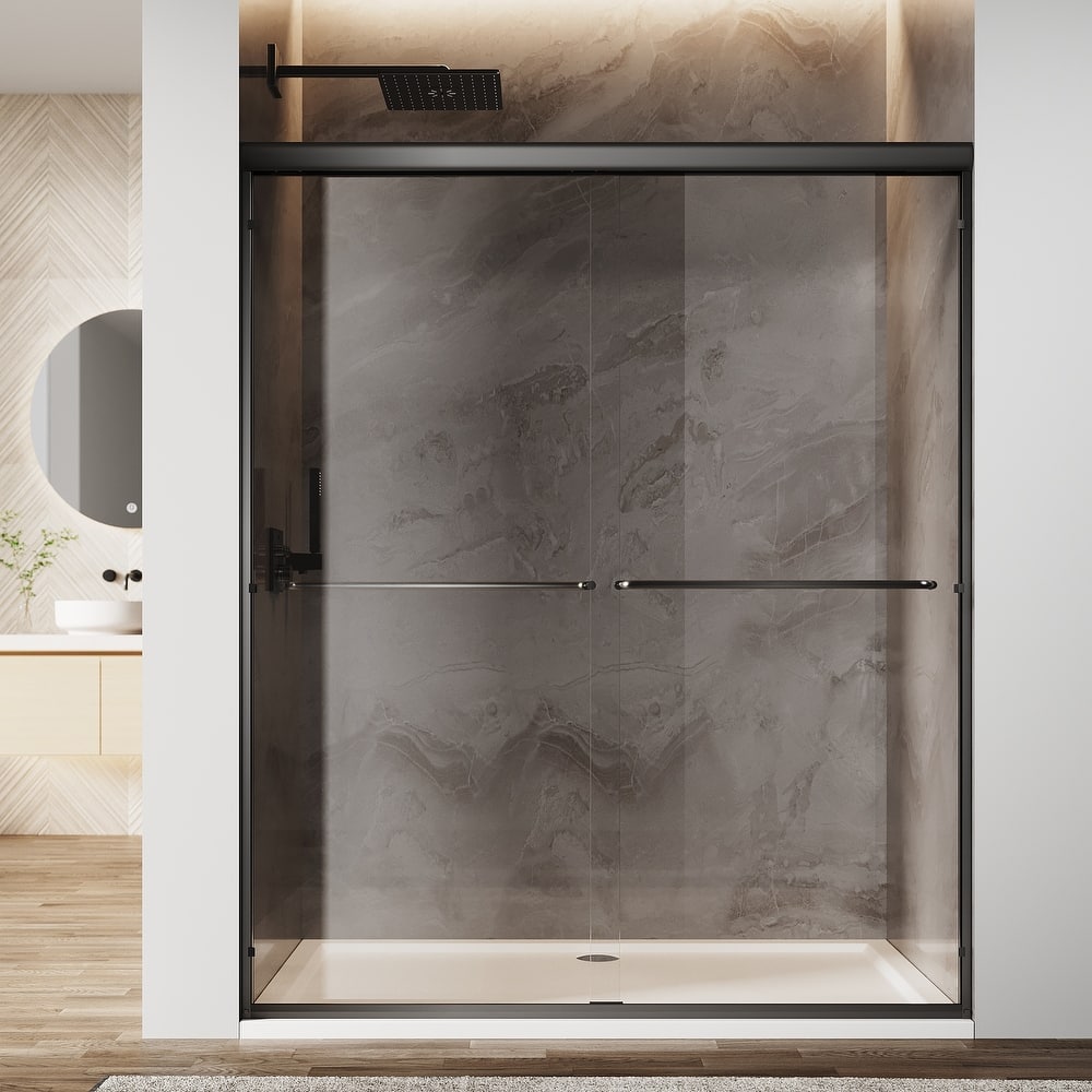 Elegant Double Sliding Shower Door Black Finish Framed with 1/4 inch Clear Tempered Glass