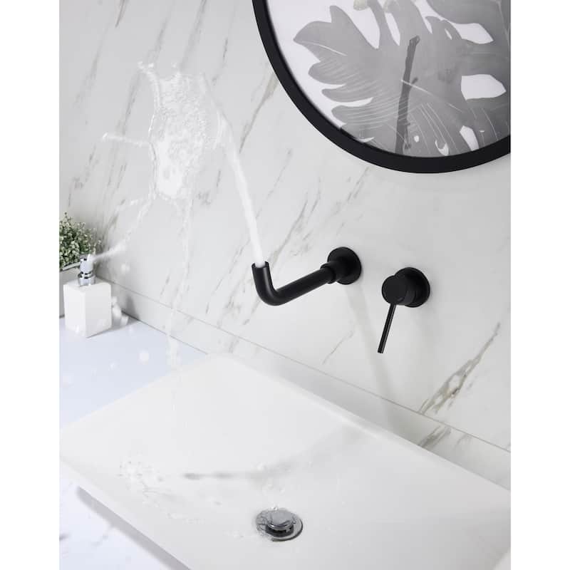 Wall Mount Single Handle Bathroom Sink Faucet, Curved Spout Design, Matte Black Finish, Easy Installation