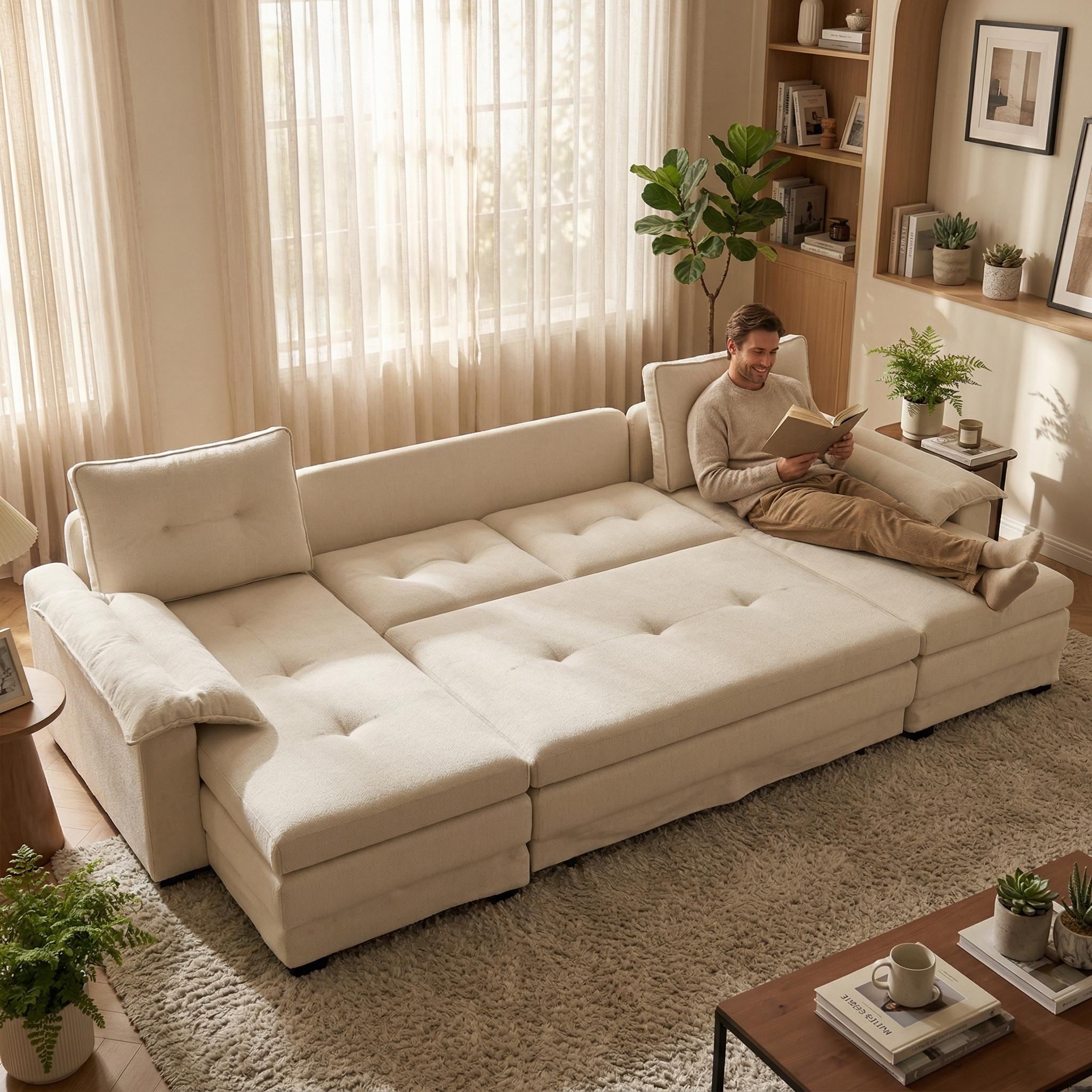 Homy Casa U-Shaped Sleeper Sectional Sofa with Pull-Out Bed and USB Ports