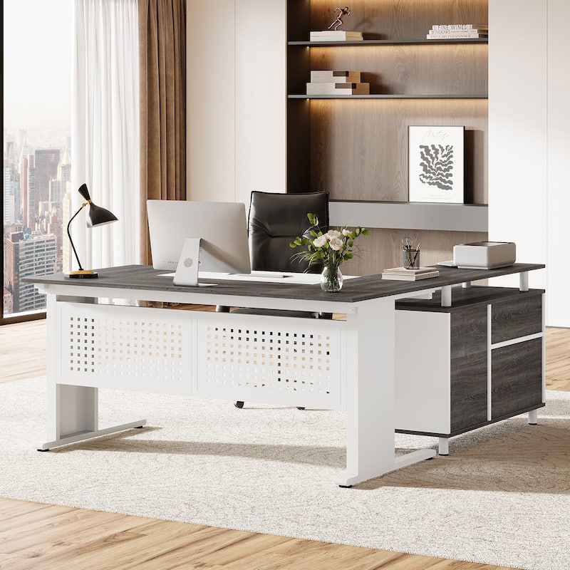63-Inch L-Shaped Executive Desk with Storage Shelves - Gray and White