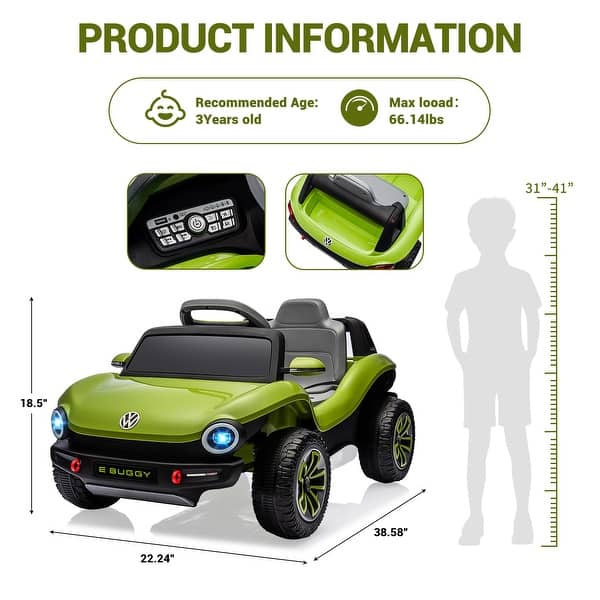 dimension image slide 0 of 3, 12V Licensed Volkswagen Beetle Ride-On Car for Kids with Remote Control, Battery Powered Electric Vehicle Toy