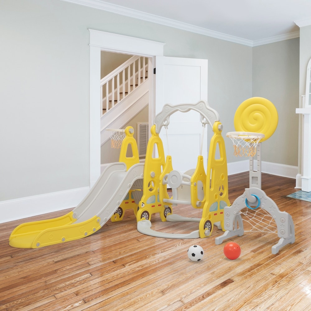 5 in 1 Slide and Swing Playing Set with 2 Basketball Hoops, Football