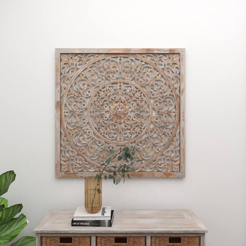 Gray Wooden Handmade Carved Scroll Mandala Floral Home Wall Decor with Brown Distressing
