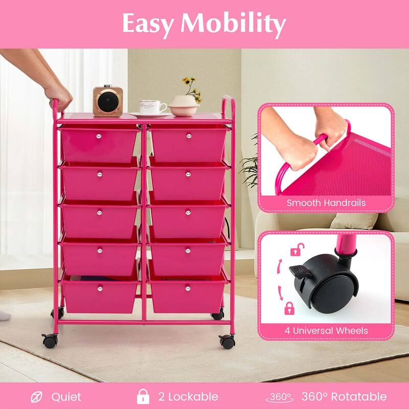 Costway 10-Drawer Storage Cart Utility Rolling Trolley Kitchen Office