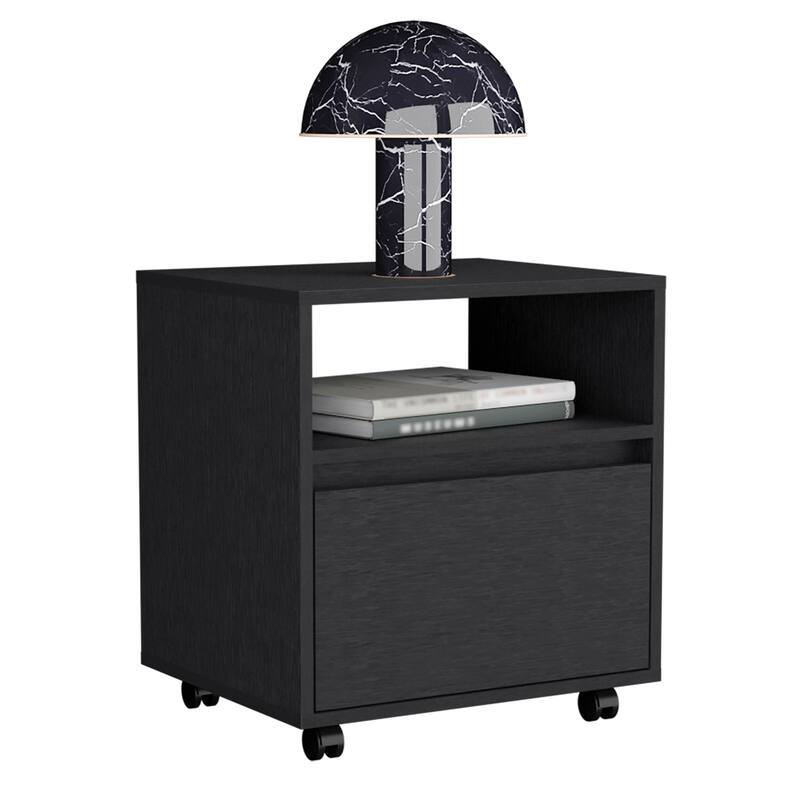 20-Inch Black Nightstand with One Drawer, Open Shelf, and Casters