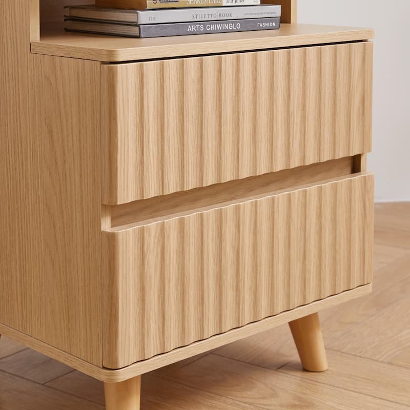 Modern Bedside Table with Gun Drawer,Bedside Table with Charging Station, 2 Drawers and Open Shelf,Side Table for Bedroom