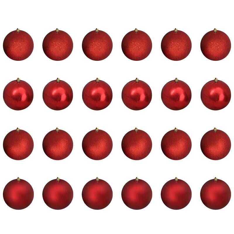 Shatterproof 4-Finish Christmas Ball Ornaments - 4" (100mm) - Red - 12ct