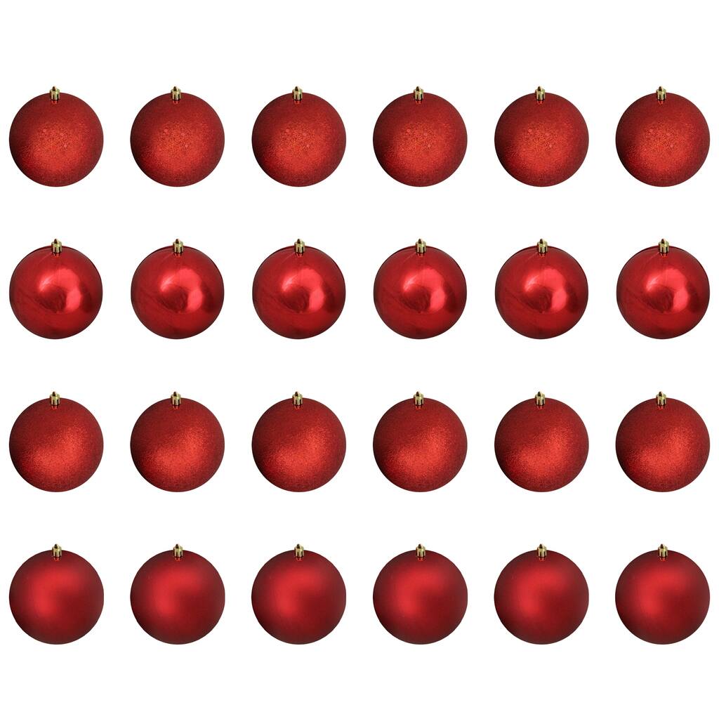 Shatterproof 4-Finish Christmas Ball Ornaments - 4" (100mm) - Red - 12ct