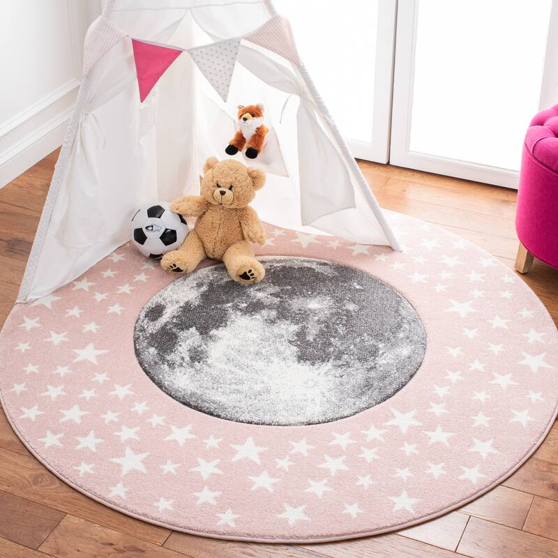 SAFAVIEH Carousel Kids Atsumi Moon Rug - 3' Round - Pink/Grey