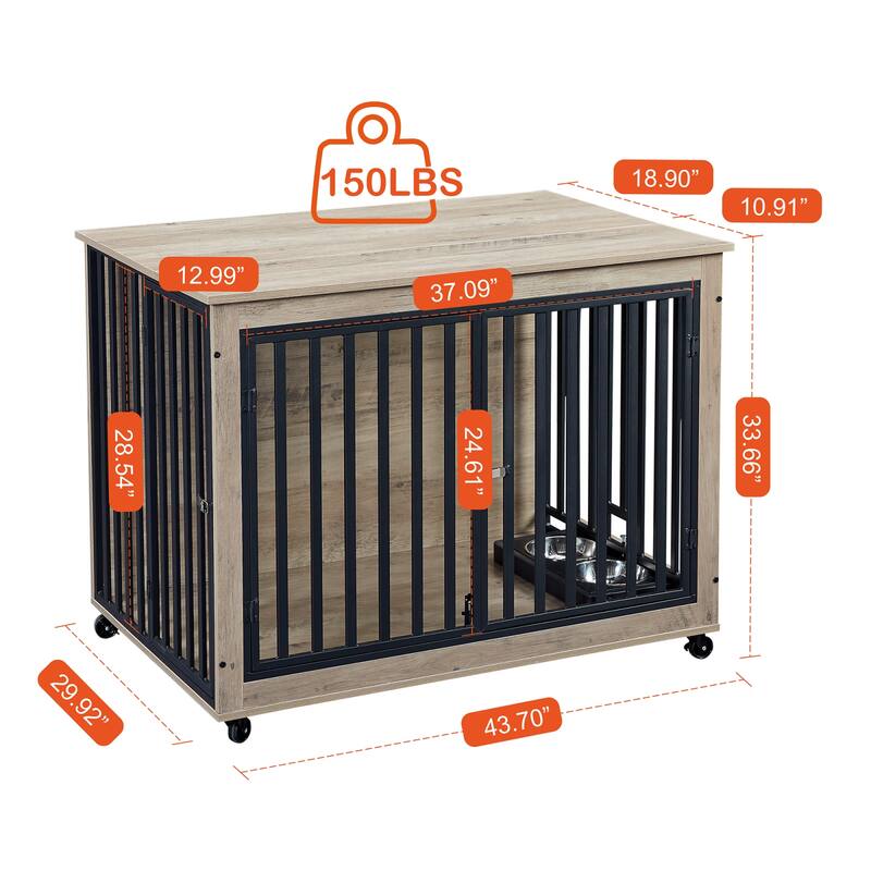 Dog Crate Furniture with Pull-Out Dog Bowls,Wooden Dog Kennel End Table with Wheels & Flip-Top,Indoor Dog House