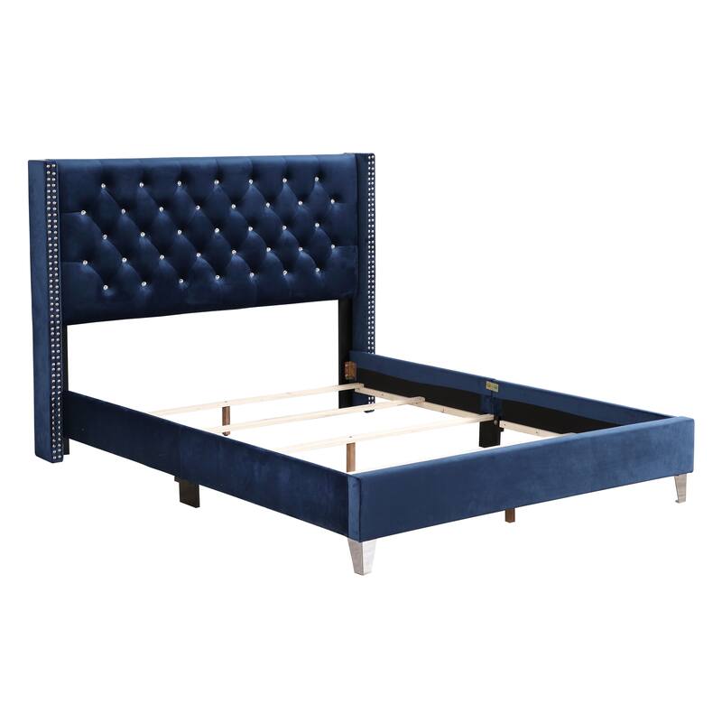 Queen Size Velvet Platform Bed with Foam-Padded Headboard and Transitional Design