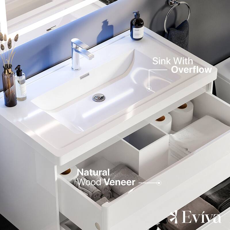 Glazzy 36" White Wallmount Bath Vanity with Integrated Acrylic Top
