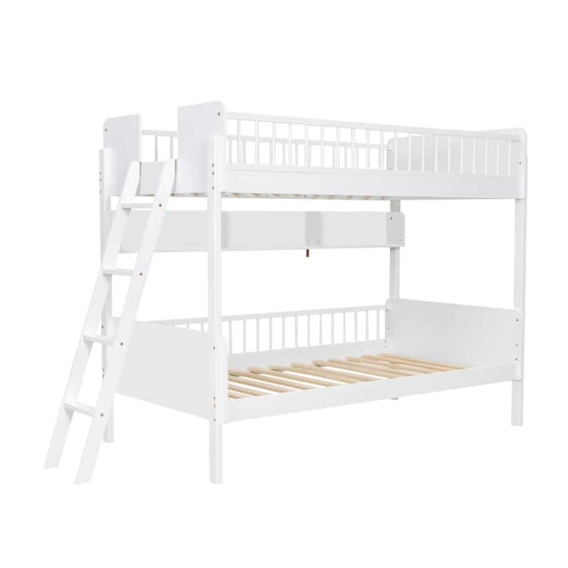 Twin Over Twin Wood Bunk Bed with 3 Storage Shelves, Reversible Ladder
