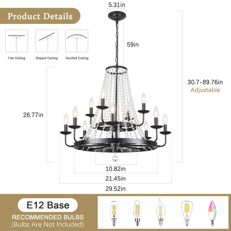 12-Light 29.52-inch Crystal Round Wagon Wheel Chandelier for Dining Room