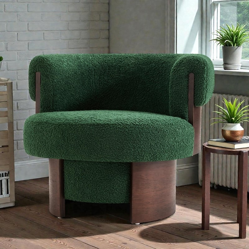 Modern 32'' Curved Sculptural Swivel Barrel Chair, 360° Swivel Base, Upholstered Accent Chair
