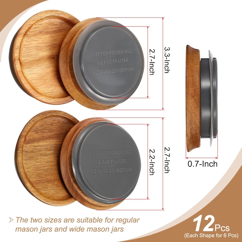 Mason Jar Lids Wooden Storage Canning Jar Lid Bamboo Lid, 6 Regular & 6 Wide - Wooden Brown - 6PCS 90mm + 6PCS 72mm - Wooden Brown - 6PCS 90mm + 6PCS 72mm