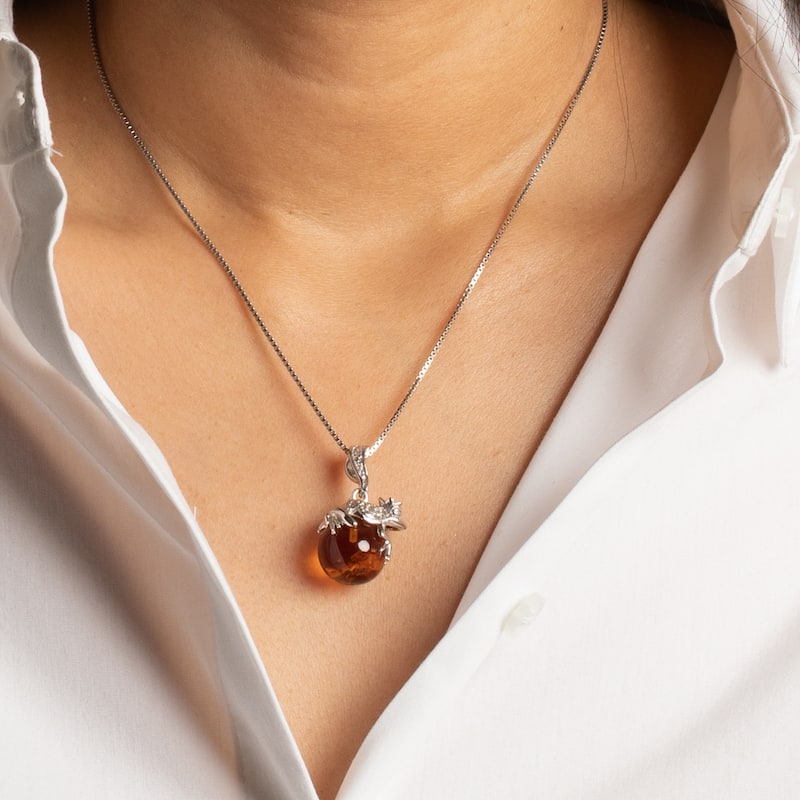 Amber Frog Animal Pendant in Sterling Silver