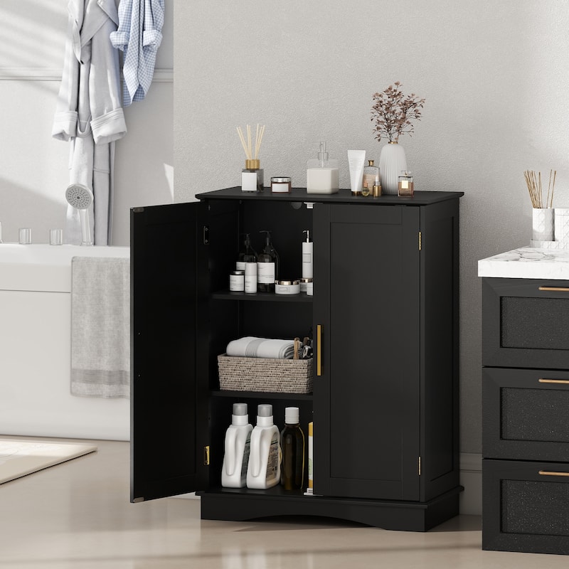 Freestanding Floor Storage Cabinet with Adjustable Shelves and 2 Doors for Bathroom or Kitchen - 23.5" x 12" x 31.5" - Black