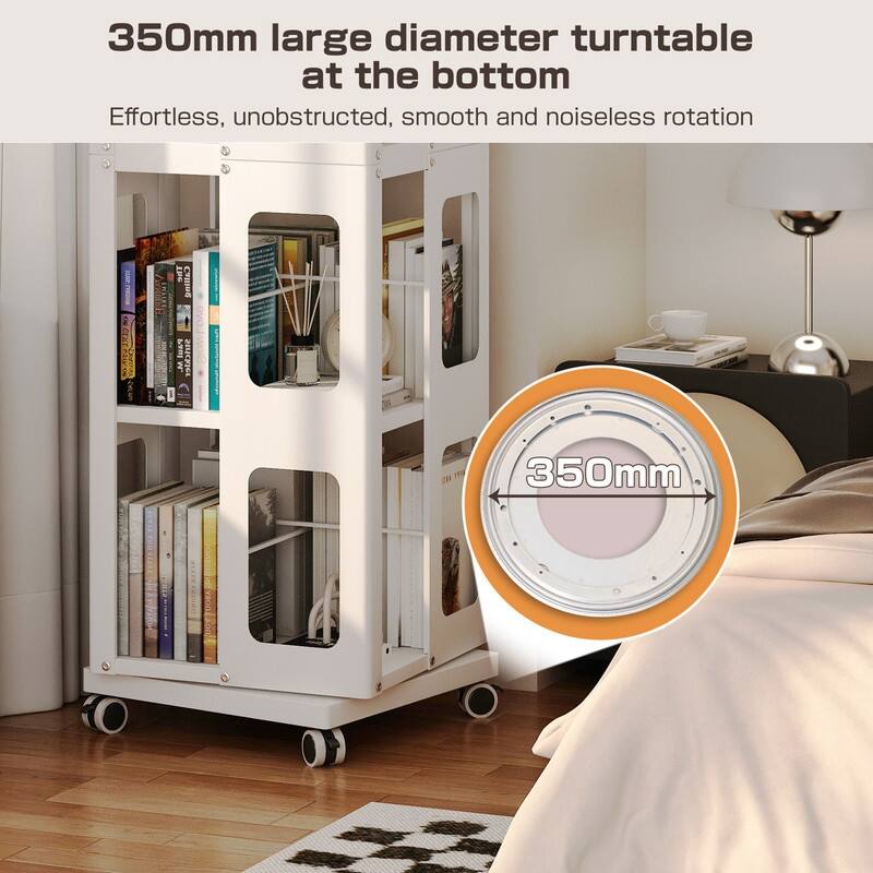 Rotating Bookshelf Tower 4 Tier All-Steel with 360° Wheels，Moveable Storage Rack Corner Bookshelf