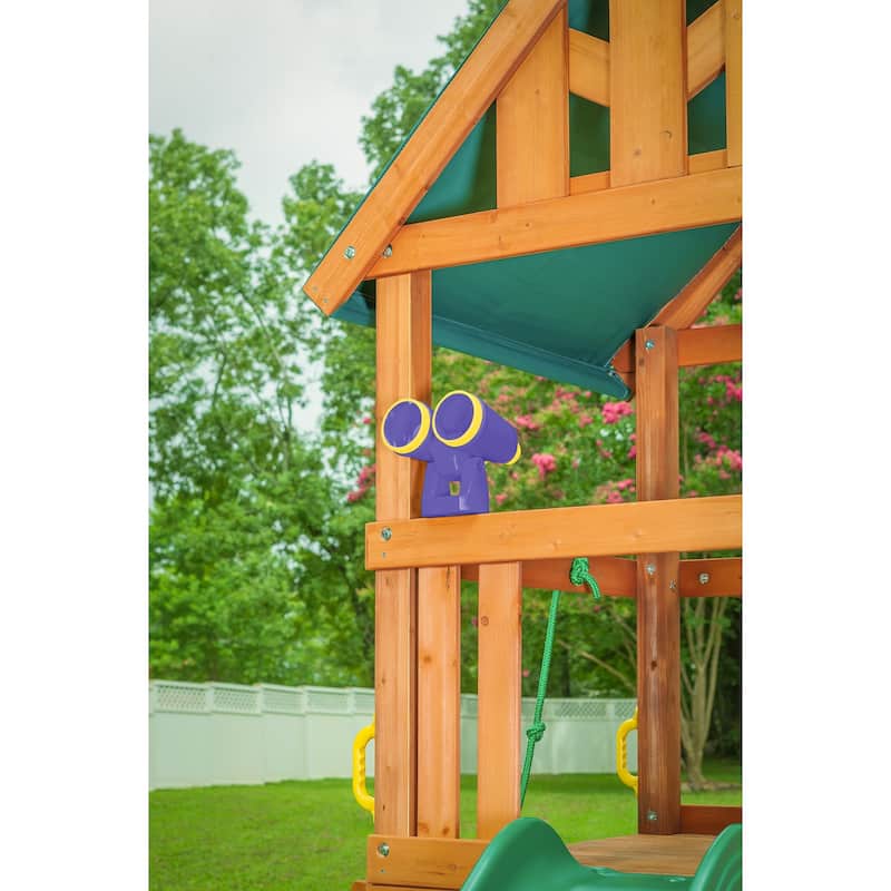 Mountain View Swing Set with Tarp Roof, Climbing Wall, Monkey Bars