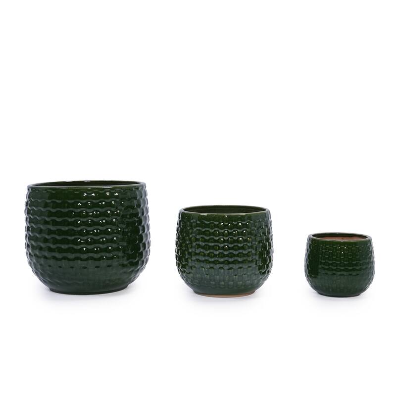 Handmade Glazed Ceramic Planter Set of 3, 9/7/5 Inch Diameter, Dark Green Solid Glossy Finish