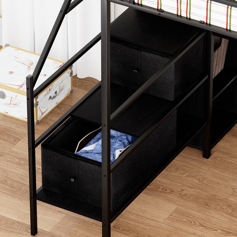 Full Size Metal Loft Bed with L-shaped Desk, LED Lights, Charging Cradle, Wardrobe, and Drawers