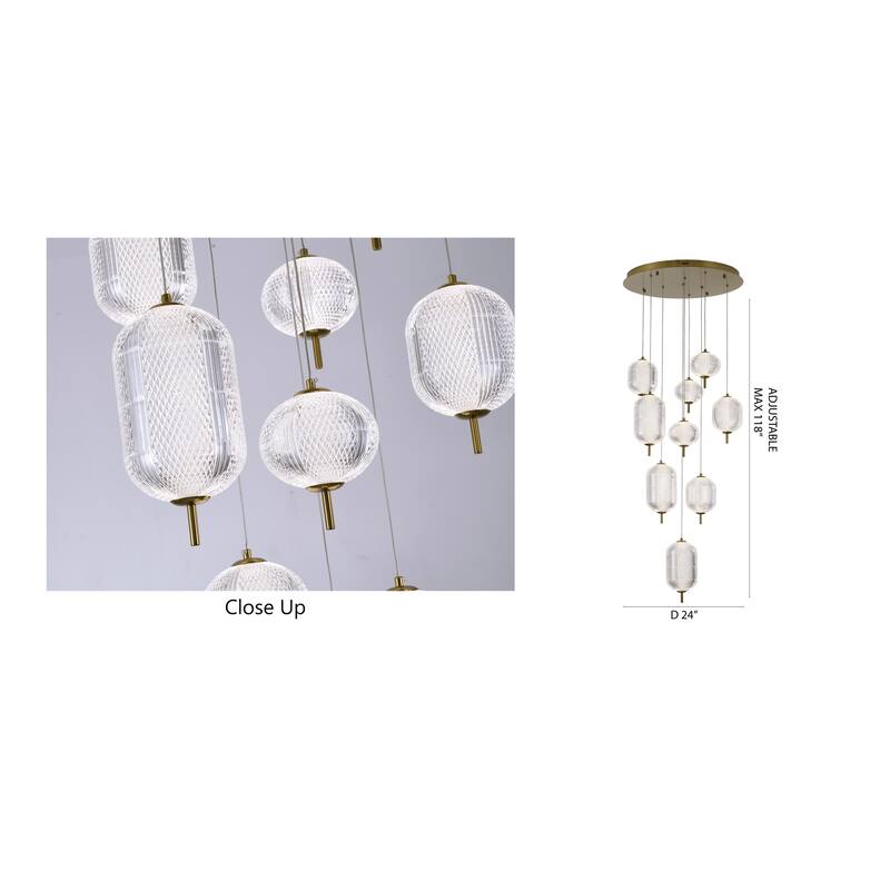 9-Light Flushed Brass Dimmable LED Chandelier With Hanging Clear PC shades