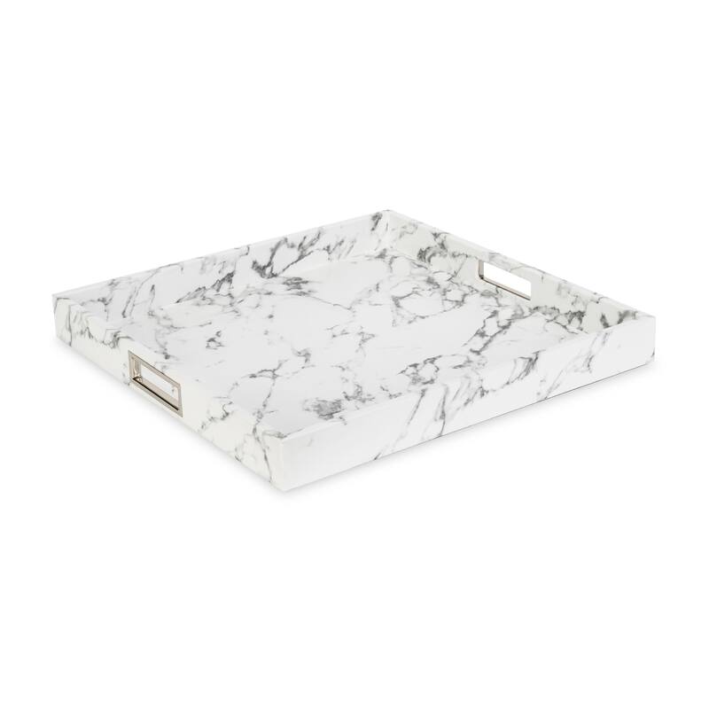 White Marble Tray With Stainless Steel Handles - 18" x 18" - Silver