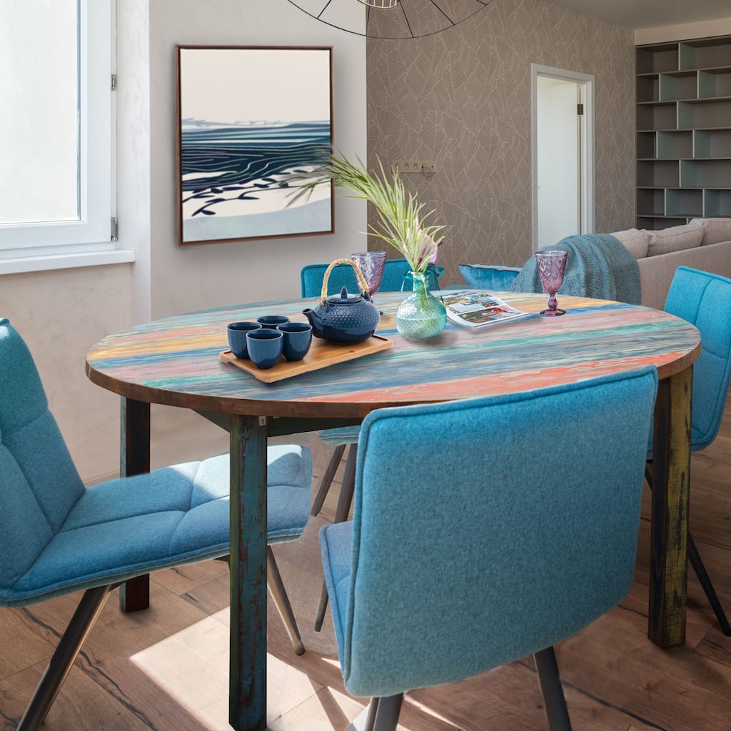 Chic Teak Round Dining Table made from Recycled Teak Wood Boats, 55 inch - Multi