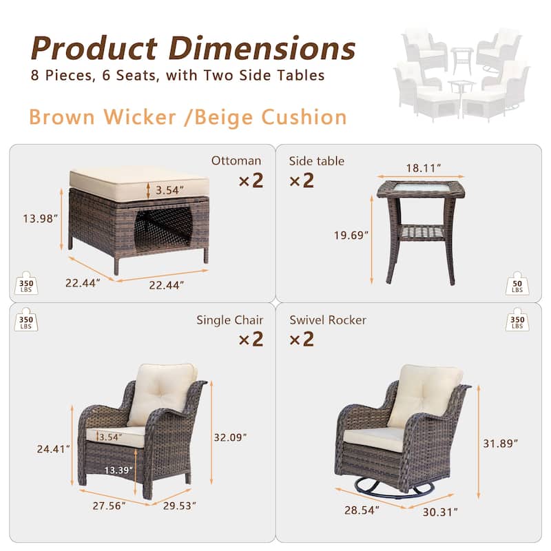 Brown Wicker Outdoor Patio Furniture Seating Sets with Beige Cushions