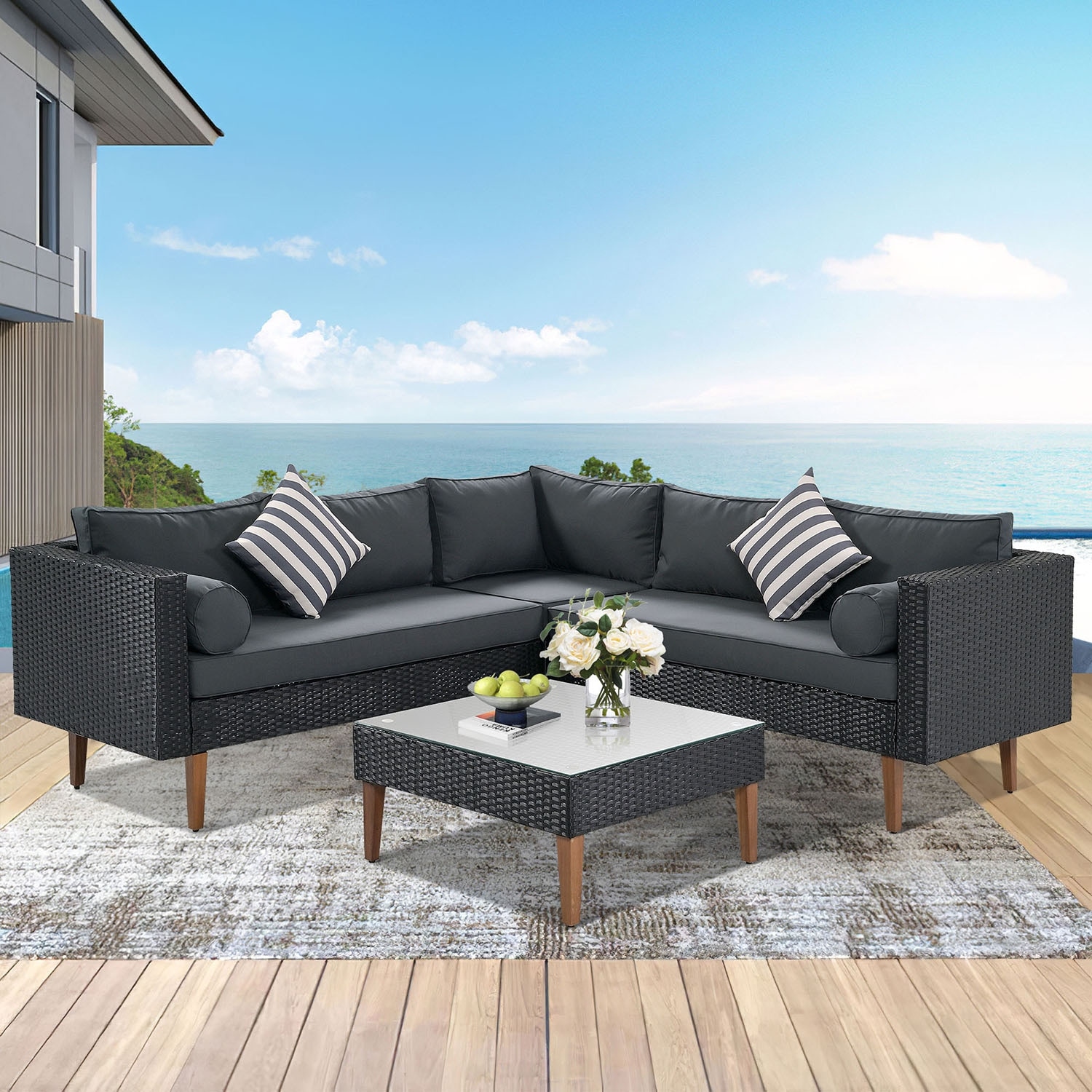 4 Pieces Outdoor Wicker Sofa Set with Pillows and Cushions Grey