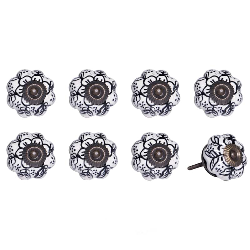 HomeRoots Set of Eight Black And White Ceramic And Metal Drawer Pull Knobs - 1.5' X '1.5' X '1.5