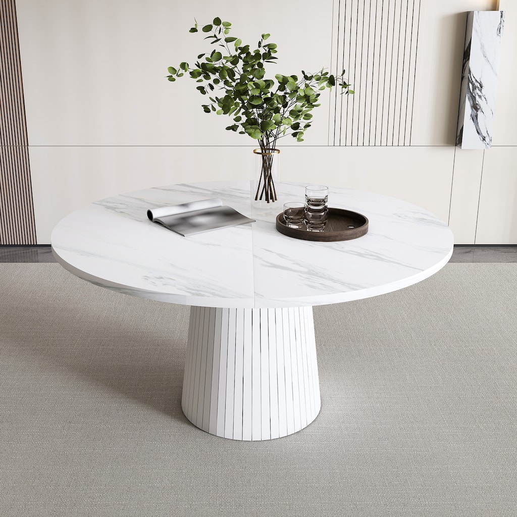 47 Inch Round MDF Dining Table for 4 - Modern Farmhouse Kitchen Table with Wood Strip Base