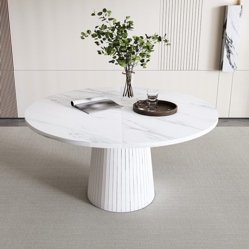 47 inch Round MDF Dining Table for 4, Modern Farmhouse Kitchen Table with Wood Strip Base, Circle Dinner Table - White