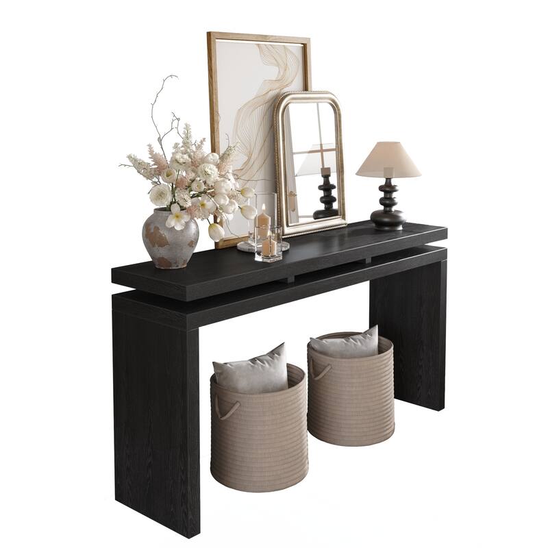 Retro Wooden Entryway Table with Double Board Suspension Design, Solid Wood & MDF, Sofa Table for Living Room