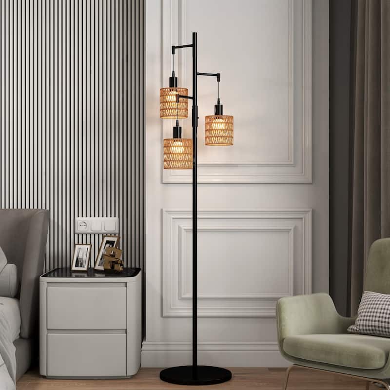 Boho 3-Light Tree Floor Lamp With Rattan Drum Shades - Dimmable/Black