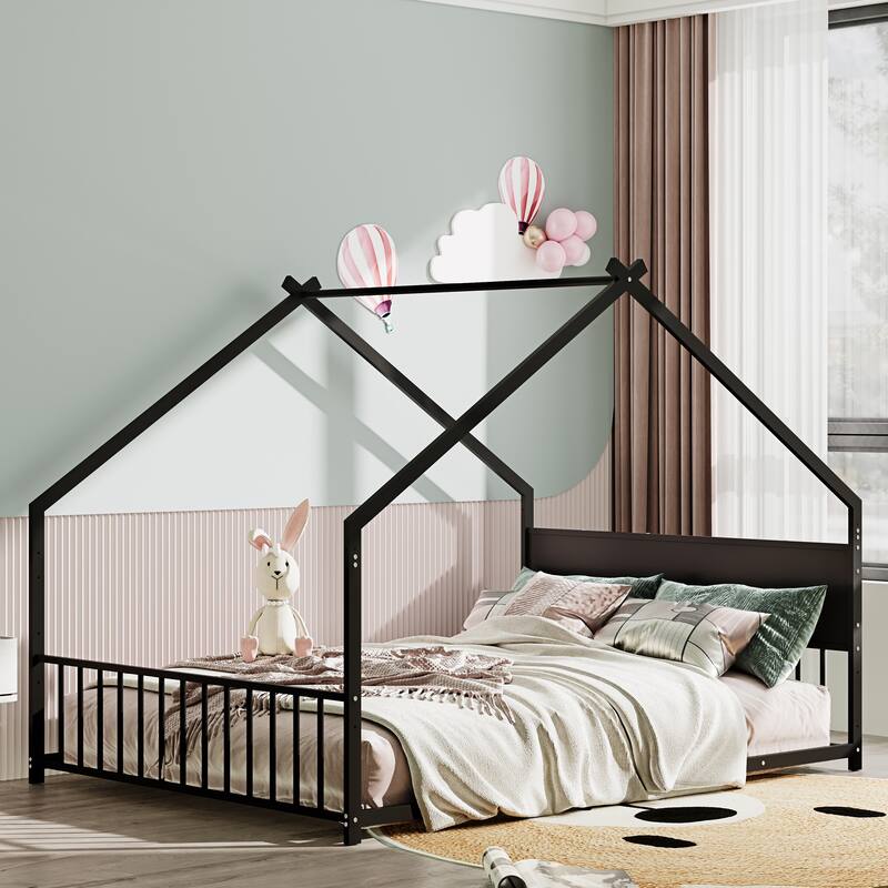 Full Size House Bed with Roof, LED Lights, and Sturdy Metal Frame for Kids and Teens