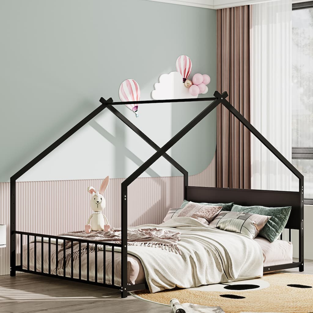 Full Size House Bed with Roof and Colorful Lights, Metal Bed Frame with Slats and Legs,for Boy, Girls and Young Teens