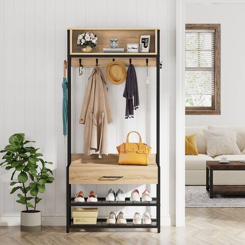 3-in-1 Hall Tree, Vintage Industrial Entryway Coat Rack with Shoe Bench and Hutch