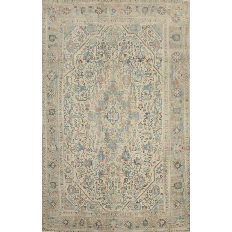 Hand Knotted Oriental 100% Wool Carpet Traditional Floral Beige & Ivories Tabriz Area Rug - 10' 7'' X 7' 9''
